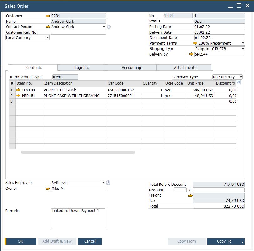 Sales order in SAP B1